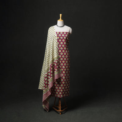 Floral Hand Block Sanganeri Print Woolen Unstitched Dress Material: Kurta, Bottom with Dupatta 04