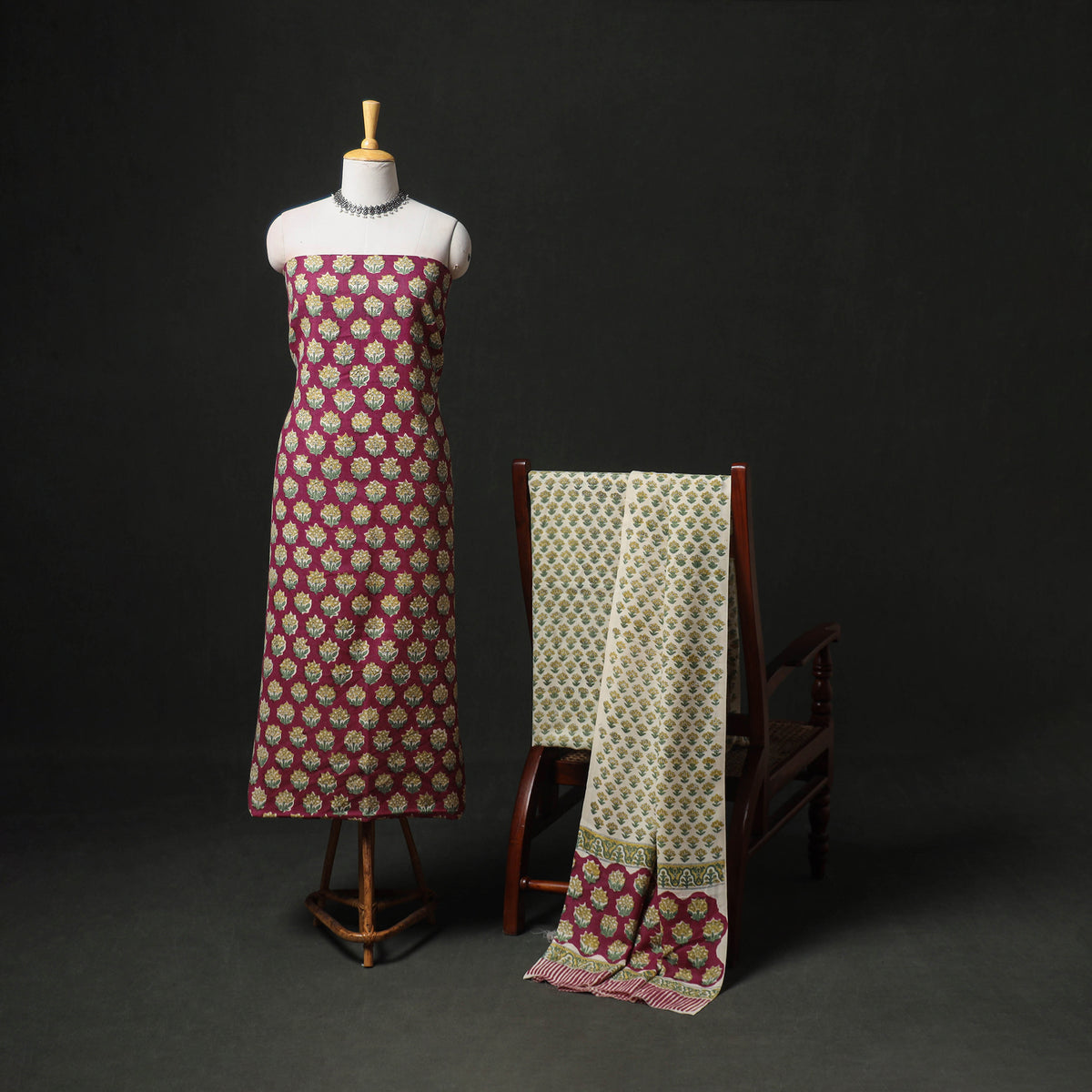 Floral Hand Block Sanganeri Print Woolen Unstitched Dress Material: Kurta, Bottom with Dupatta 04