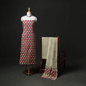 Floral Hand Block Sanganeri Print Woolen Unstitched Dress Material: Kurta, Bottom with Dupatta 04