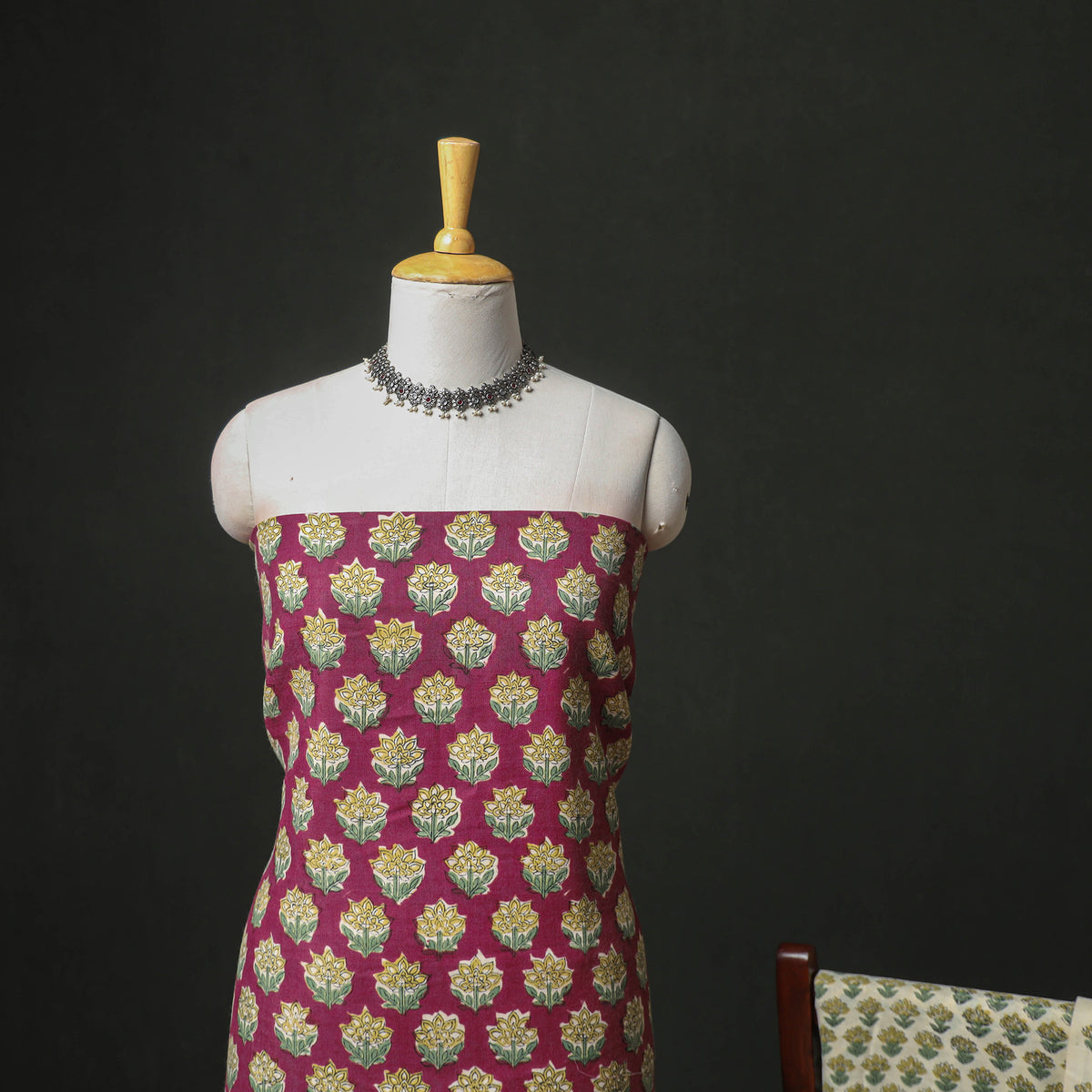 Floral Hand Block Sanganeri Print Woolen Unstitched Dress Material: Kurta, Bottom with Dupatta 04