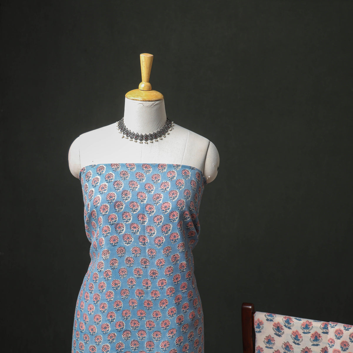 Floral Hand Block Sanganeri Print Woolen Unstitched Dress Material: Kurta, Bottom with Dupatta 05