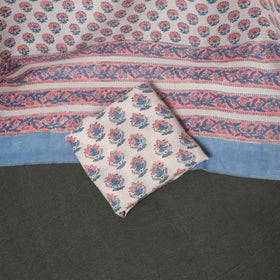 Floral Hand Block Sanganeri Print Woolen Unstitched Dress Material: Kurta, Bottom with Dupatta 05