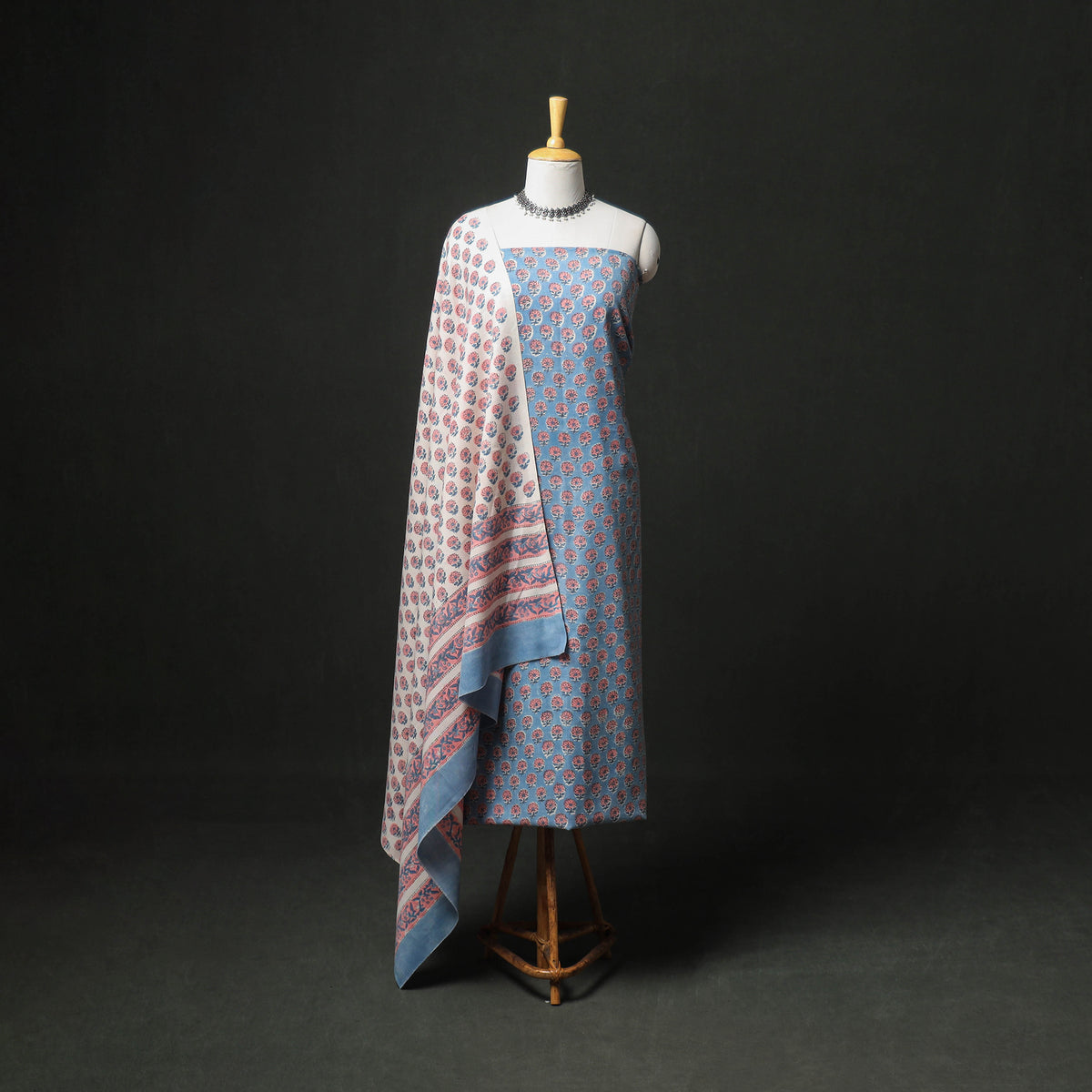 Floral Hand Block Sanganeri Print Woolen Unstitched Dress Material: Kurta, Bottom with Dupatta 05