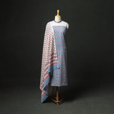 Floral Hand Block Sanganeri Print Woolen Unstitched Dress Material: Kurta, Bottom with Dupatta 05