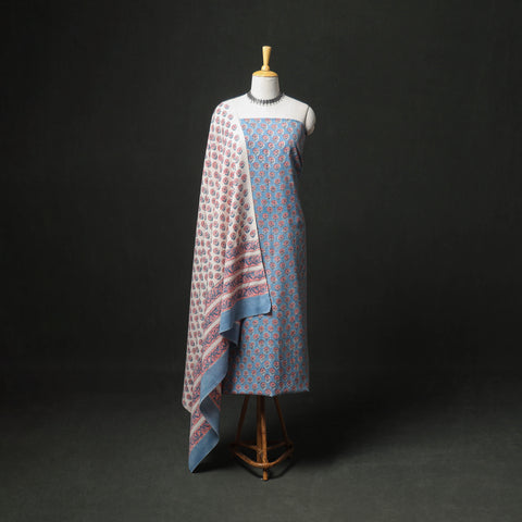 Floral Hand Block Sanganeri Print Woolen Unstitched Dress Material: Kurta, Bottom with Dupatta 05