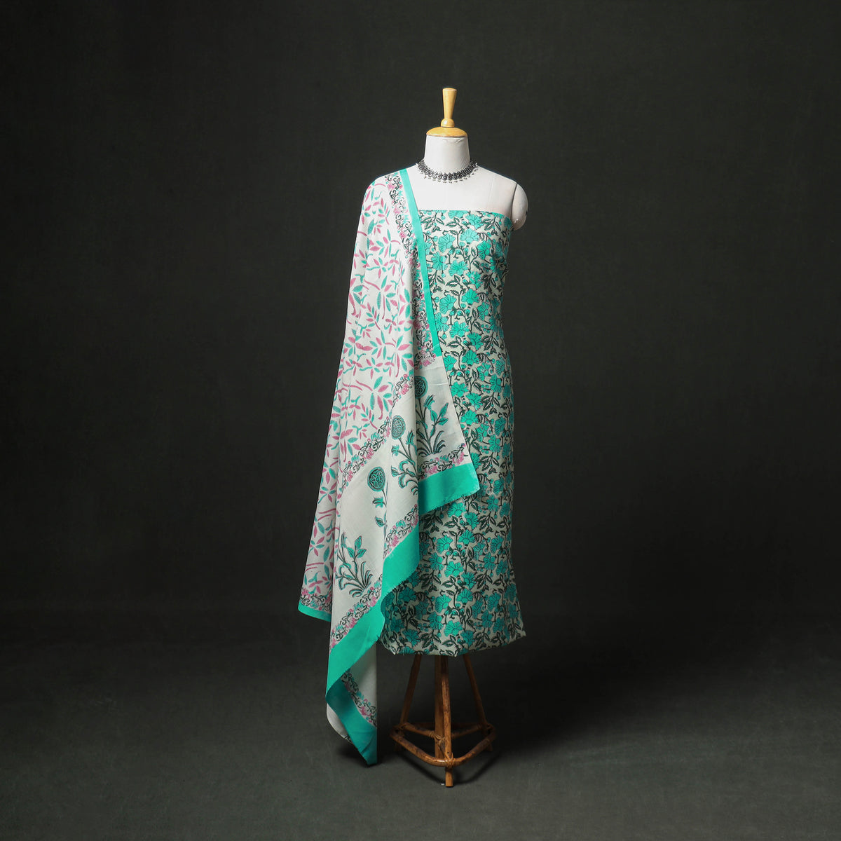 Floral Hand Block Sanganeri Print Woolen Unstitched Dress Material: Kurta, Bottom with Dupatta 06