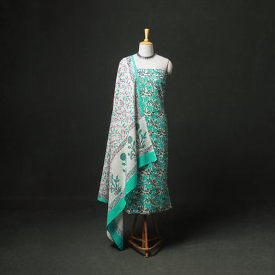 Floral Hand Block Sanganeri Print Woolen Unstitched Dress Material: Kurta, Bottom with Dupatta 06
