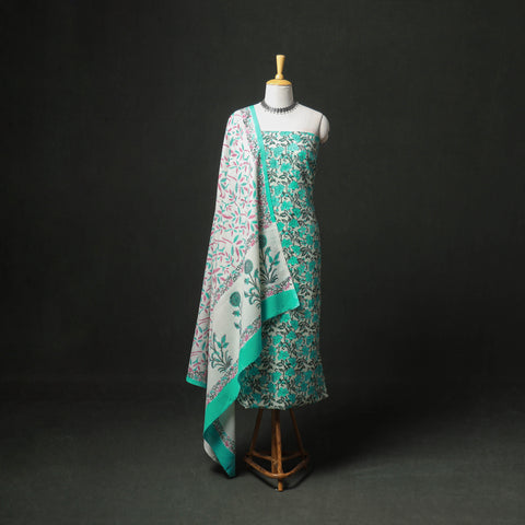 Floral Hand Block Sanganeri Print Woolen Unstitched Dress Material: Kurta, Bottom with Dupatta 06