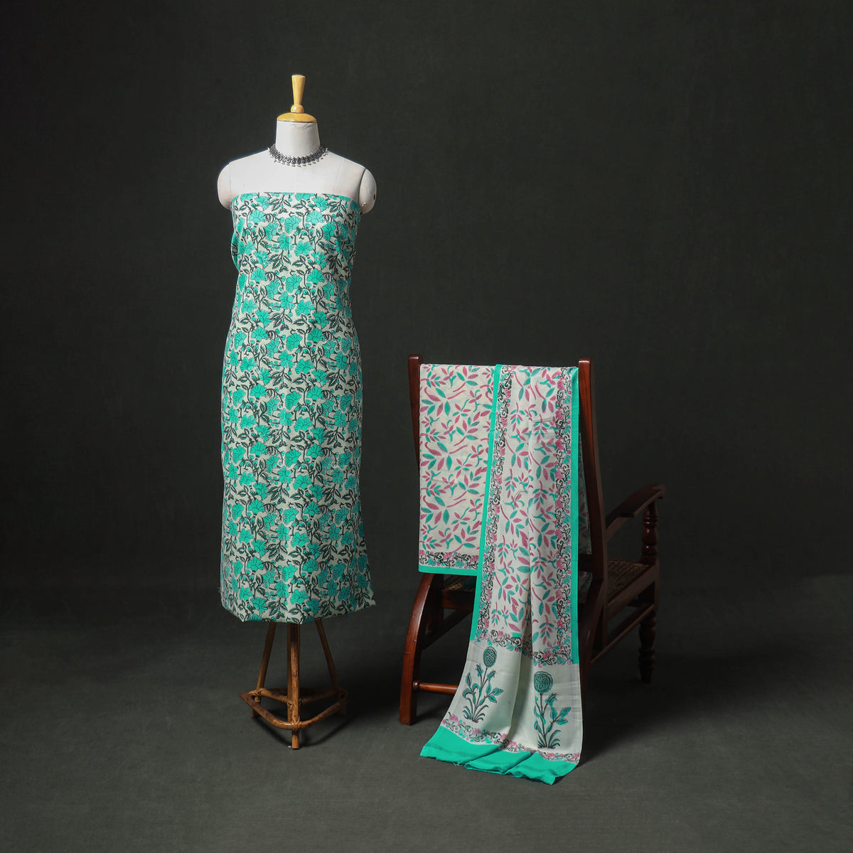 Floral Hand Block Sanganeri Print Woolen Unstitched Dress Material: Kurta, Bottom with Dupatta 06