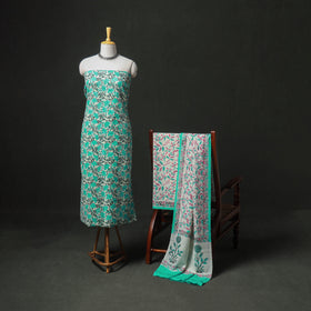 Floral Hand Block Sanganeri Print Woolen Unstitched Dress Material: Kurta, Bottom with Dupatta 06