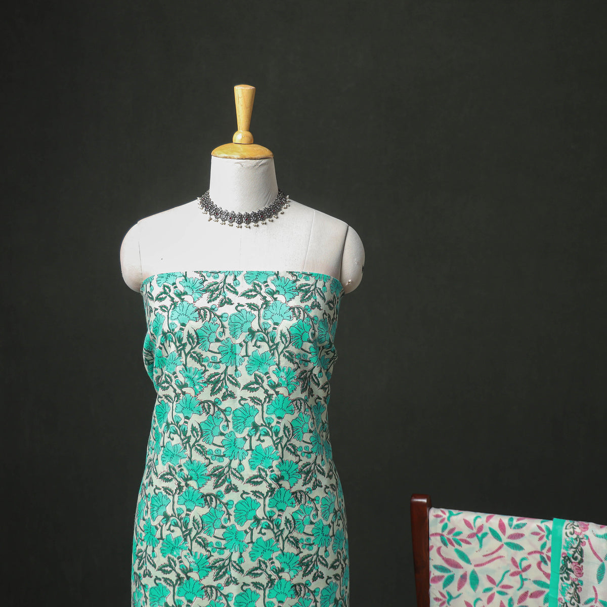 Floral Hand Block Sanganeri Print Woolen Unstitched Dress Material: Kurta, Bottom with Dupatta 06