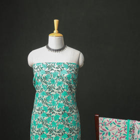 Floral Hand Block Sanganeri Print Woolen Unstitched Dress Material: Kurta, Bottom with Dupatta 06