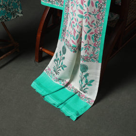 Floral Hand Block Sanganeri Print Woolen Unstitched Dress Material: Kurta, Bottom with Dupatta 06