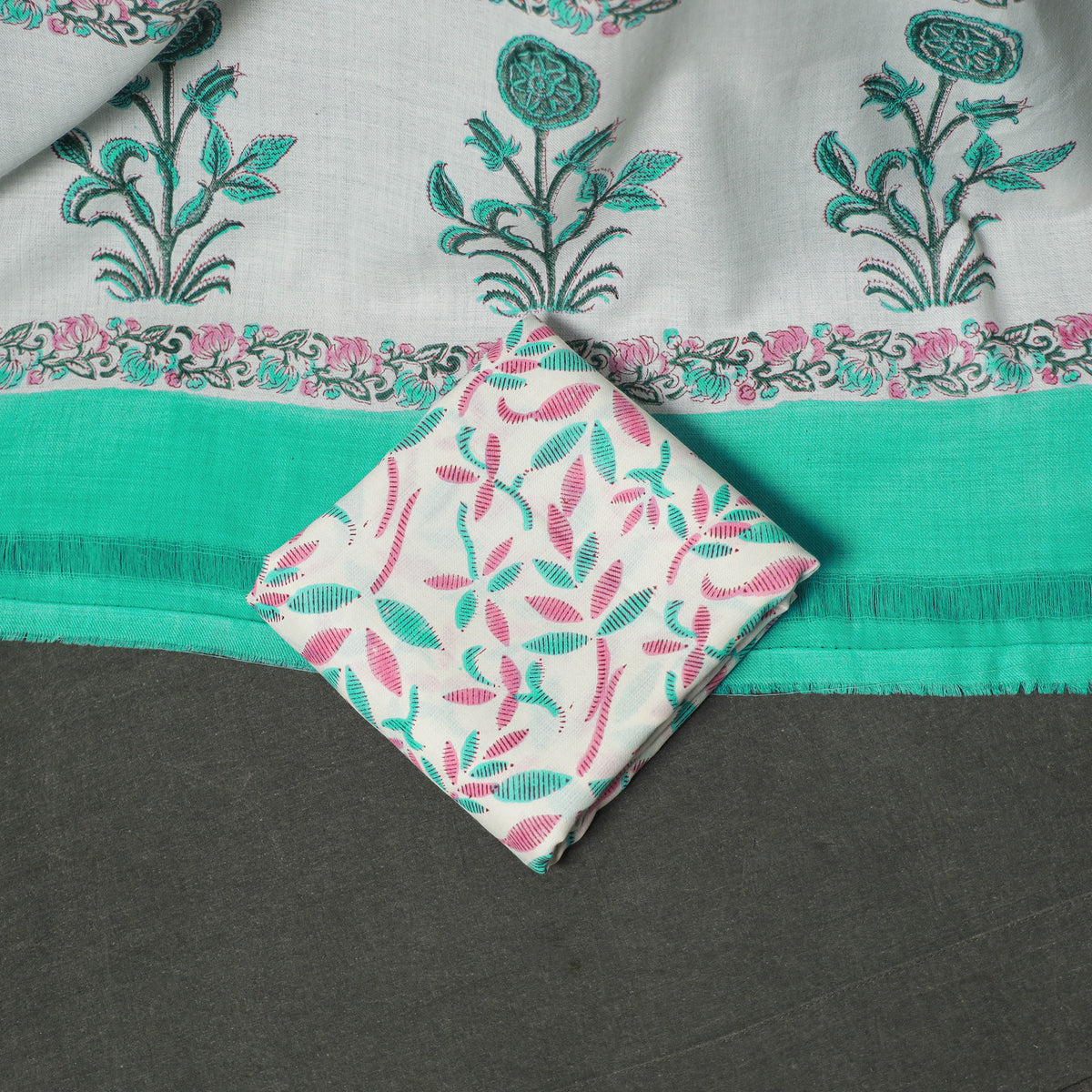 Floral Hand Block Sanganeri Print Woolen Unstitched Dress Material: Kurta, Bottom with Dupatta 06