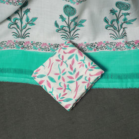 Floral Hand Block Sanganeri Print Woolen Unstitched Dress Material: Kurta, Bottom with Dupatta 06