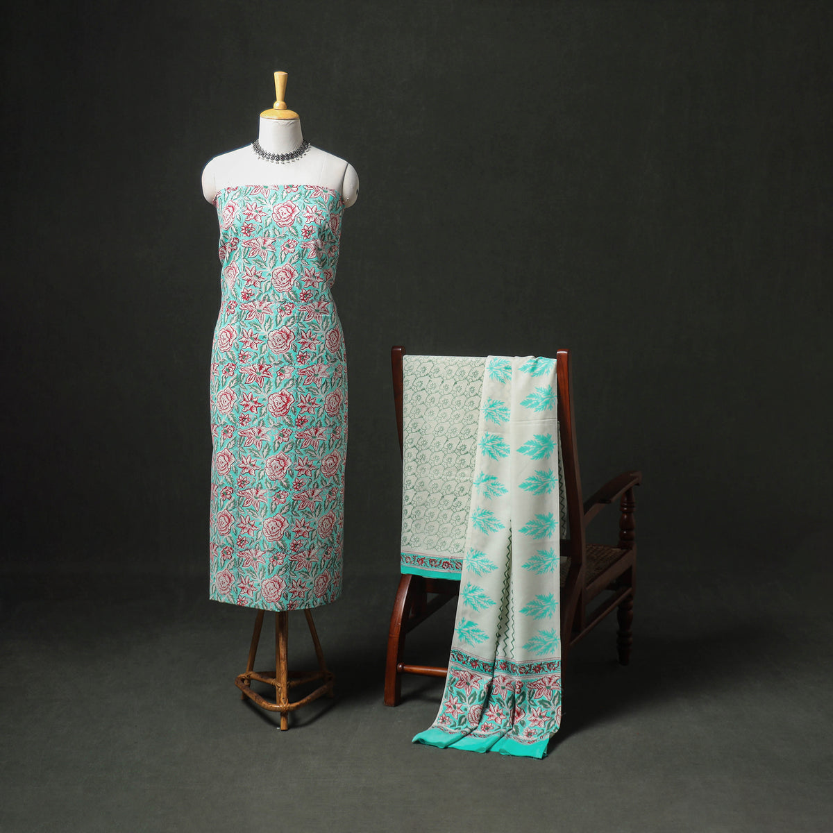 Floral Hand Block Sanganeri Print Woolen Unstitched Dress Material: Kurta, Bottom with Dupatta 07