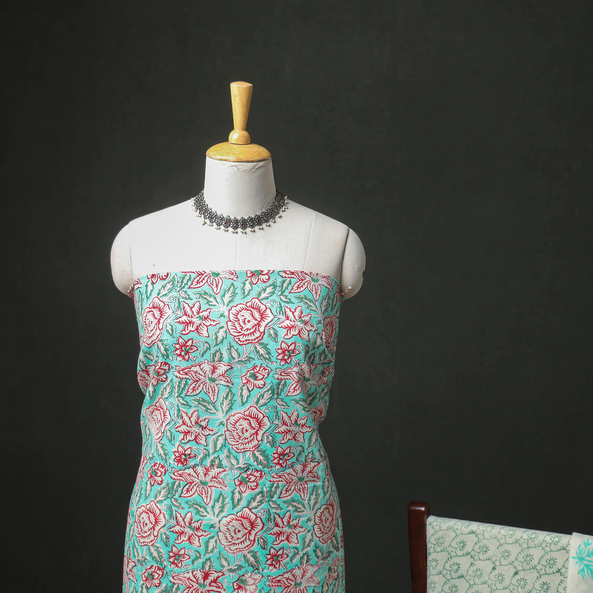Floral Hand Block Sanganeri Print Woolen Unstitched Dress Material: Kurta, Bottom with Dupatta 07
