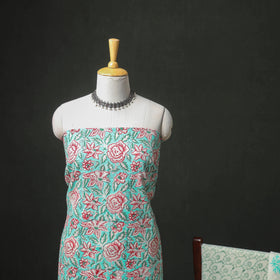 Floral Hand Block Sanganeri Print Woolen Unstitched Dress Material: Kurta, Bottom with Dupatta 07