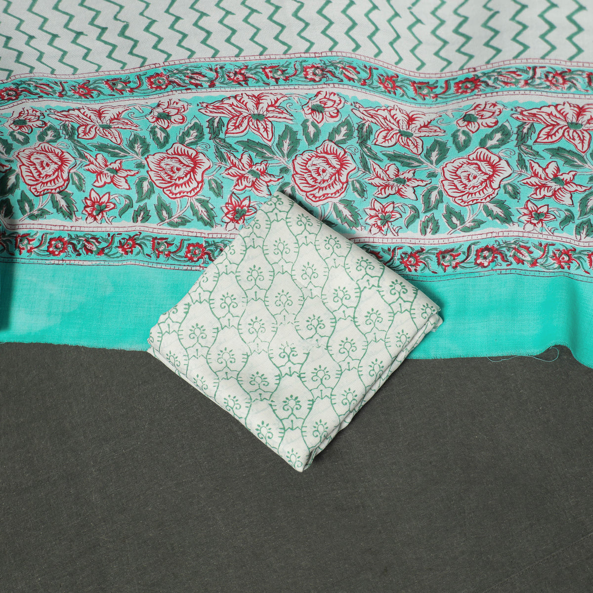 Floral Hand Block Sanganeri Print Woolen Unstitched Dress Material: Kurta, Bottom with Dupatta 07