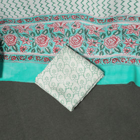 Floral Hand Block Sanganeri Print Woolen Unstitched Dress Material: Kurta, Bottom with Dupatta 07