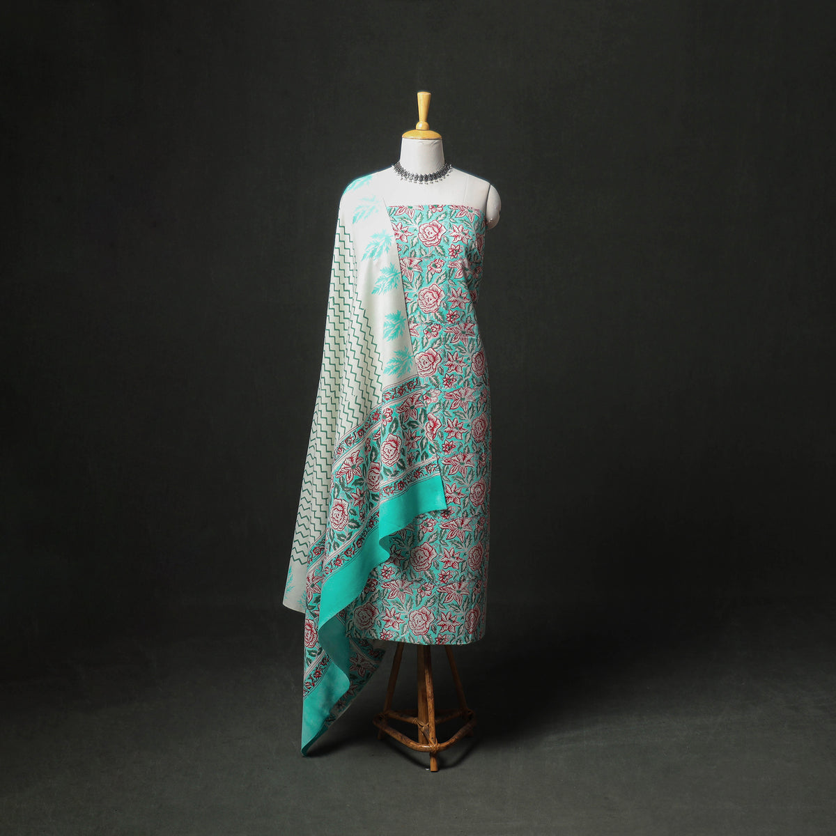 Floral Hand Block Sanganeri Print Woolen Unstitched Dress Material: Kurta, Bottom with Dupatta 07