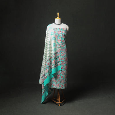 Floral Hand Block Sanganeri Print Woolen Unstitched Dress Material: Kurta, Bottom with Dupatta 07