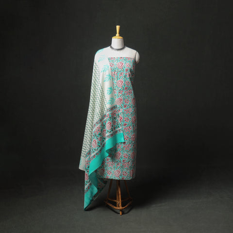 Floral Hand Block Sanganeri Print Woolen Unstitched Dress Material: Kurta, Bottom with Dupatta 07