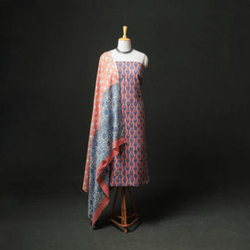 Floral Hand Block Sanganeri Print Woolen Unstitched Dress Material: Kurta, Bottom with Dupatta 08
