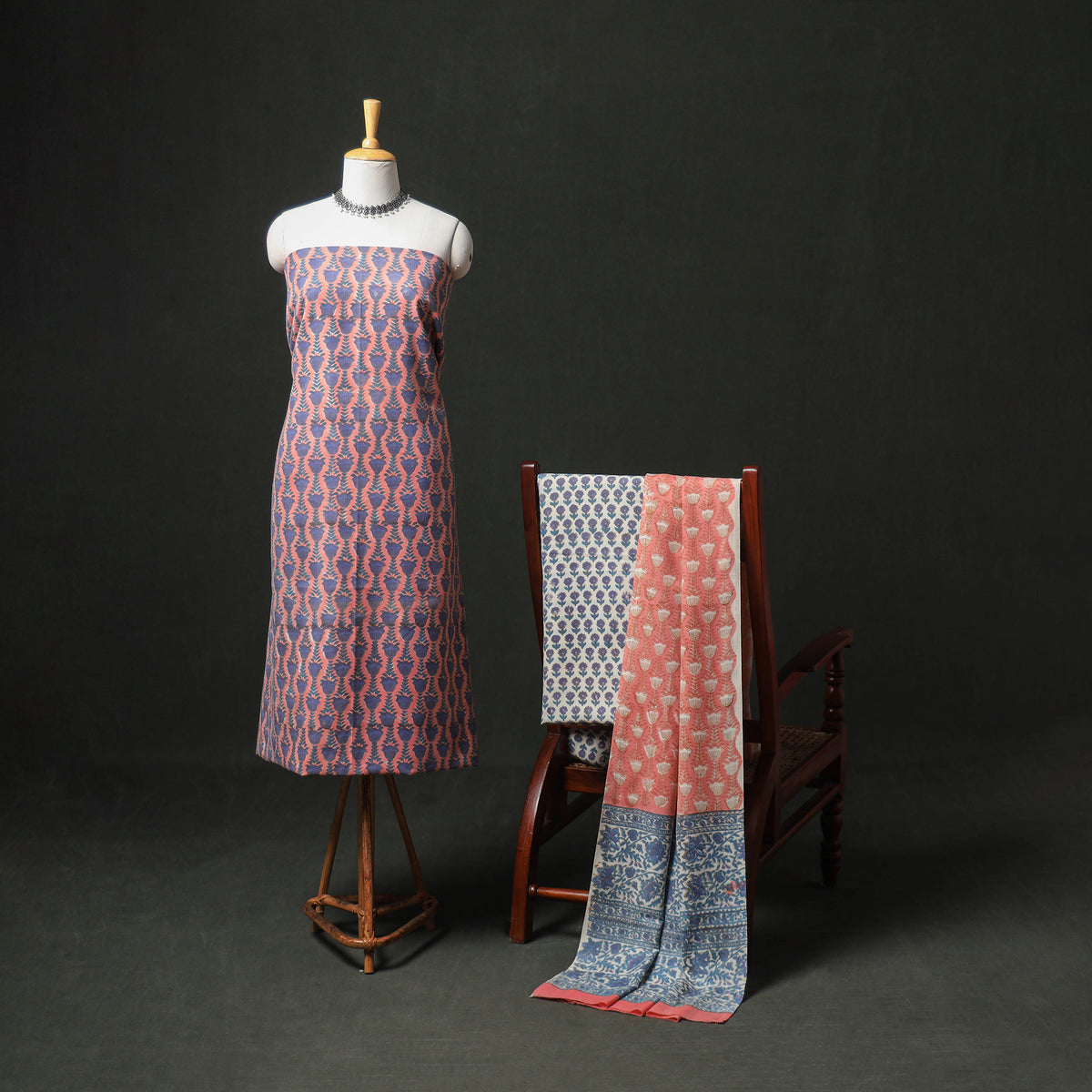 Floral Hand Block Sanganeri Print Woolen Unstitched Dress Material: Kurta, Bottom with Dupatta 08