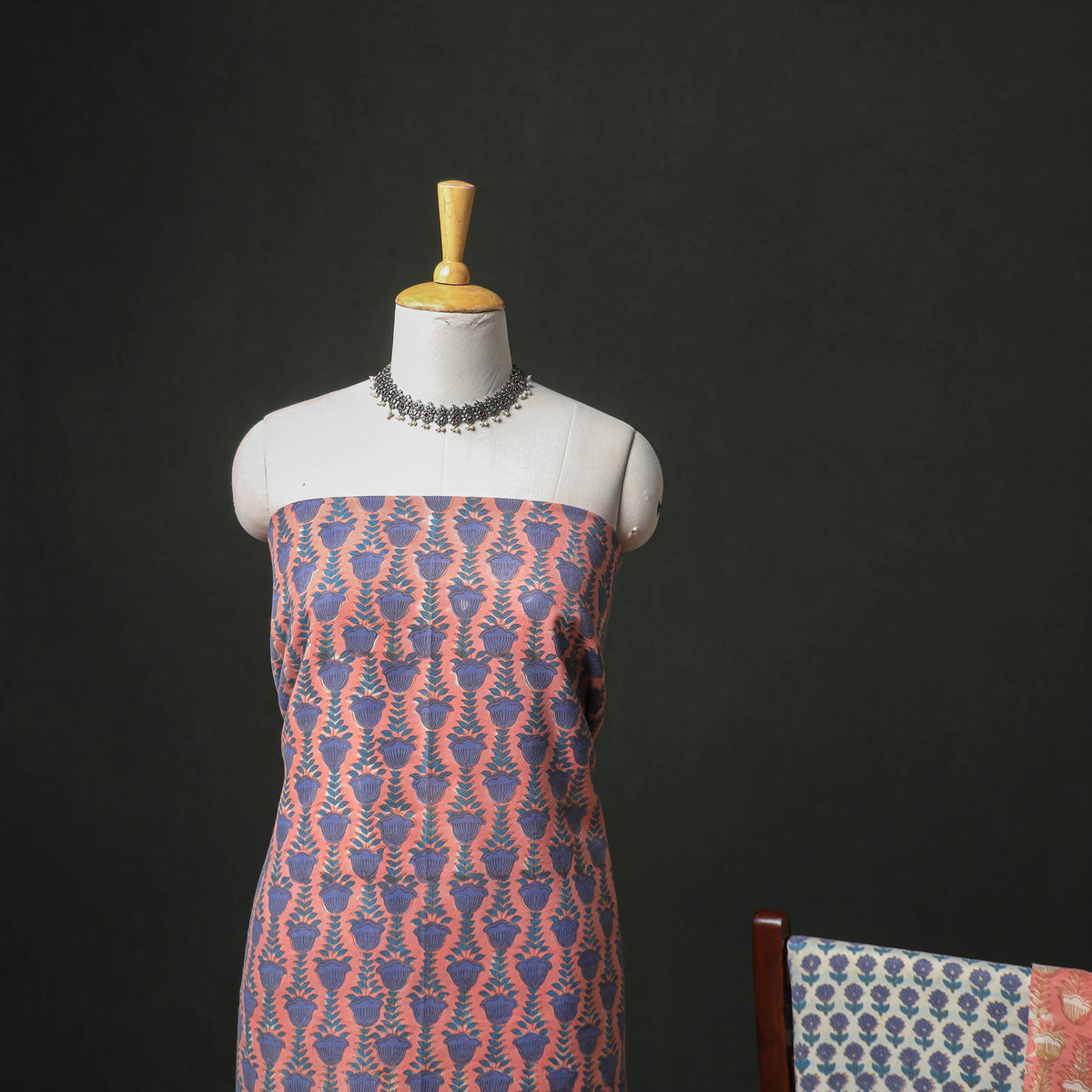 Floral Hand Block Sanganeri Print Woolen Unstitched Dress Material: Kurta, Bottom with Dupatta 08