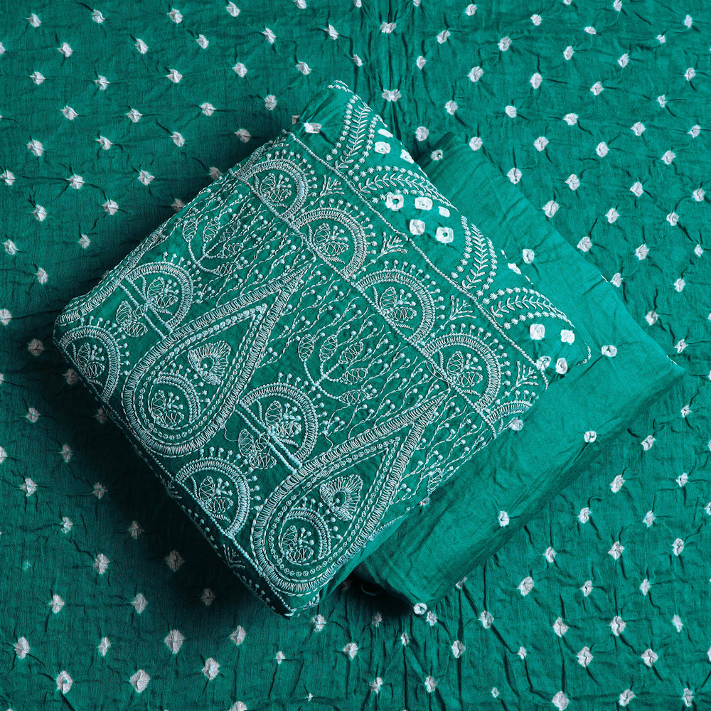 Green - 3pc Satin Cotton Kutch Bandhani Dress Material 21