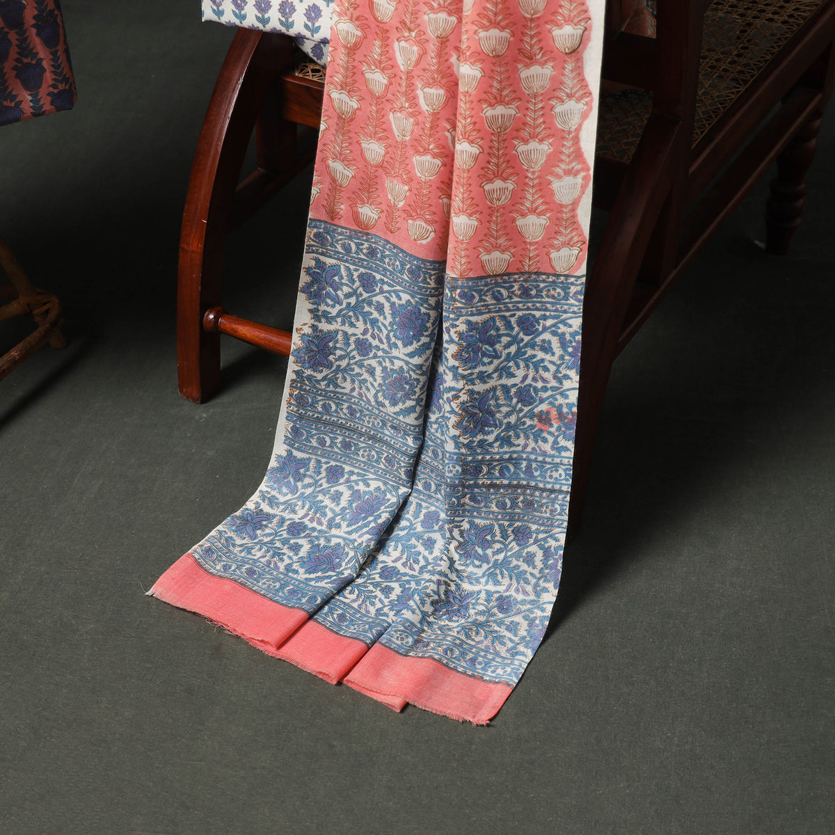 Floral Hand Block Sanganeri Print Woolen Unstitched Dress Material: Kurta, Bottom with Dupatta 08