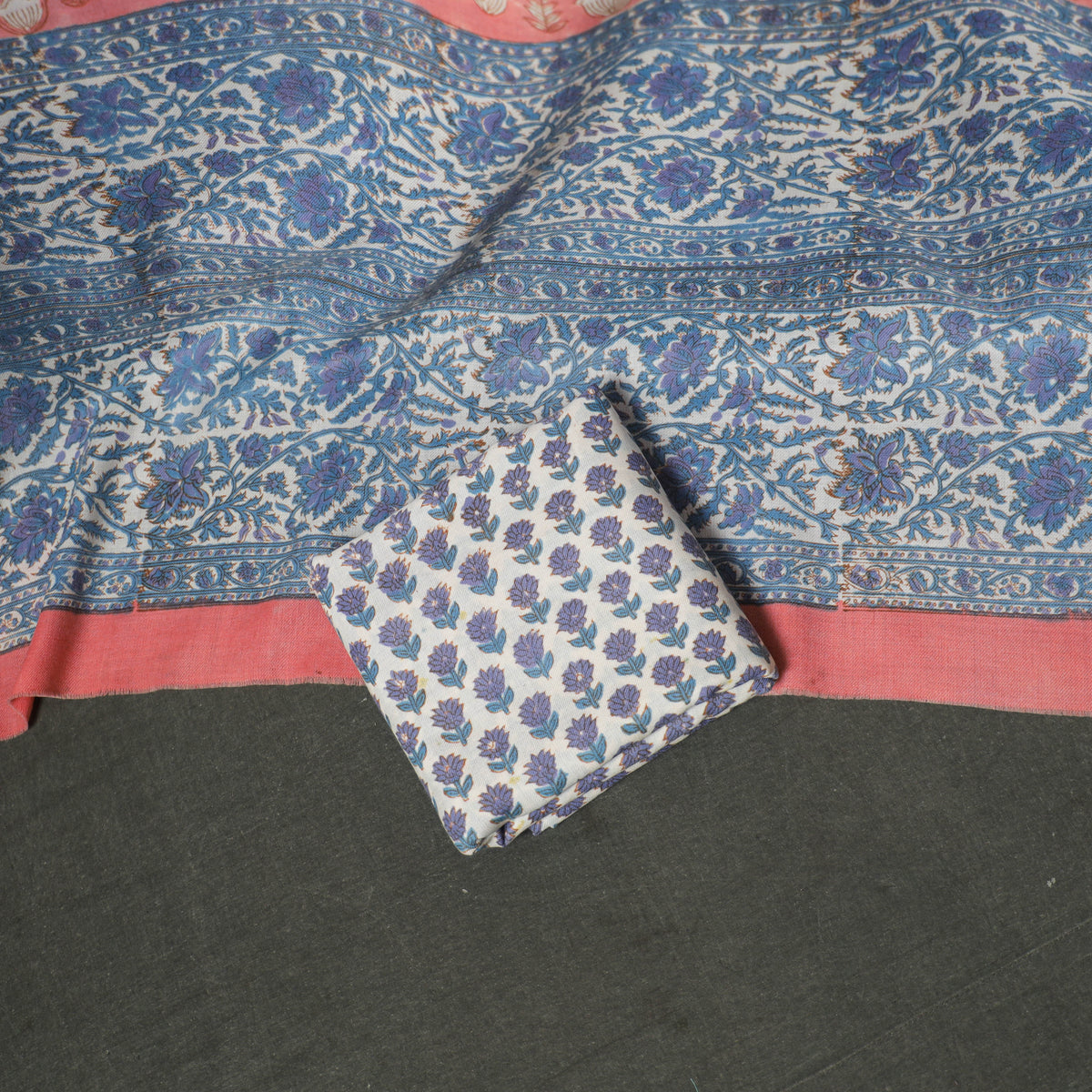 Floral Hand Block Sanganeri Print Woolen Unstitched Dress Material: Kurta, Bottom with Dupatta 08
