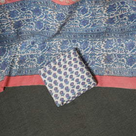Floral Hand Block Sanganeri Print Woolen Unstitched Dress Material: Kurta, Bottom with Dupatta 08
