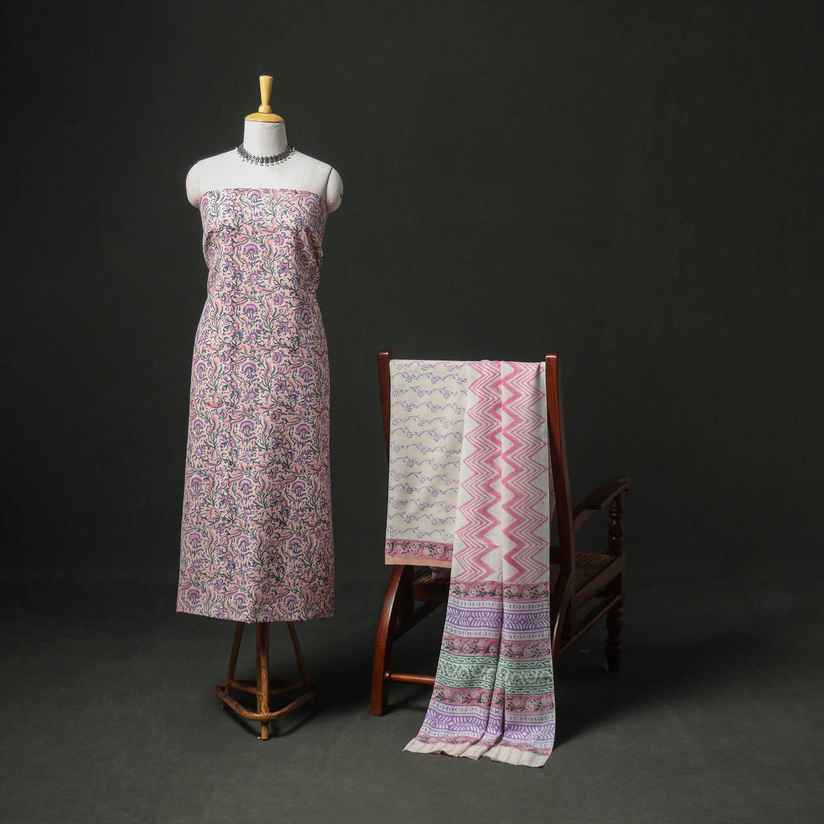 Floral Hand Block Sanganeri Print Woolen Unstitched Dress Material: Kurta, Bottom with Dupatta 09