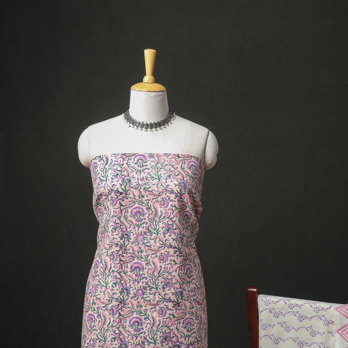Floral Hand Block Sanganeri Print Woolen Unstitched Dress Material: Kurta, Bottom with Dupatta 09