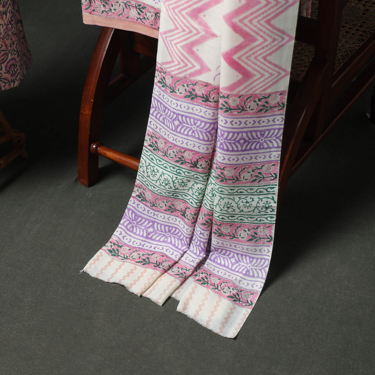 Floral Hand Block Sanganeri Print Woolen Unstitched Dress Material: Kurta, Bottom with Dupatta 09