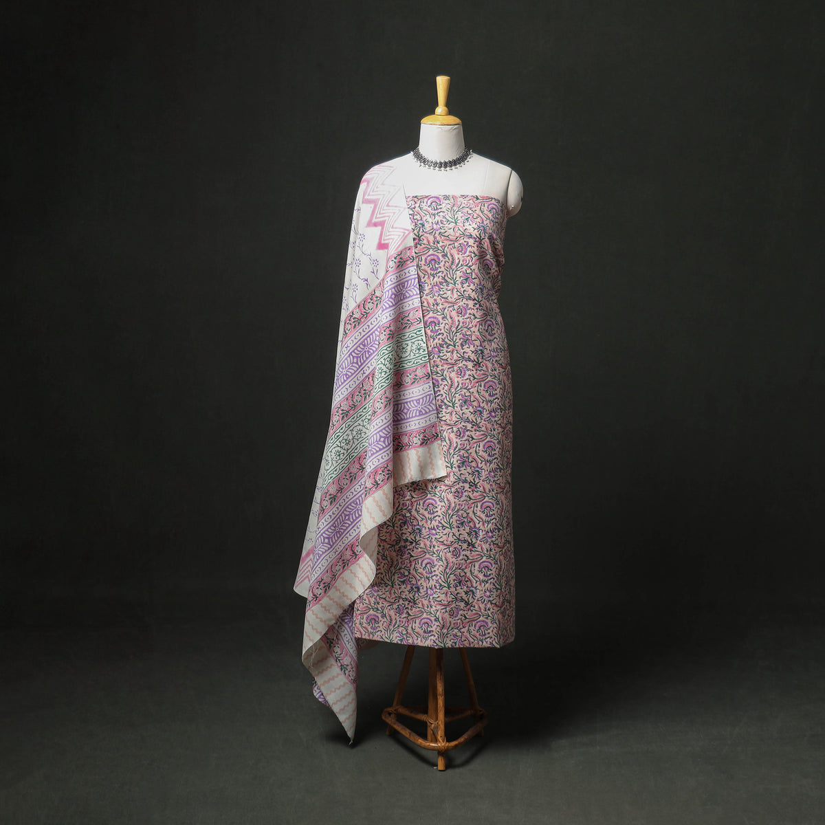 Floral Hand Block Sanganeri Print Woolen Unstitched Dress Material: Kurta, Bottom with Dupatta 09
