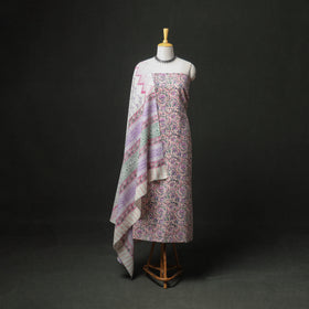 Floral Hand Block Sanganeri Print Woolen Unstitched Dress Material: Kurta, Bottom with Dupatta 09