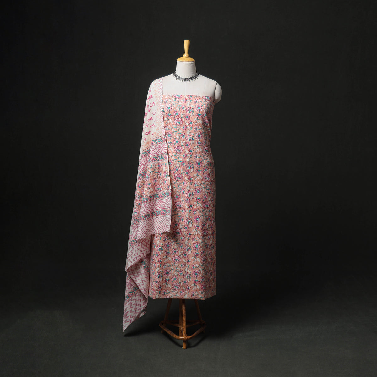 Floral Hand Block Sanganeri Print Woolen Unstitched Dress Material: Kurta, Bottom with Dupatta 10