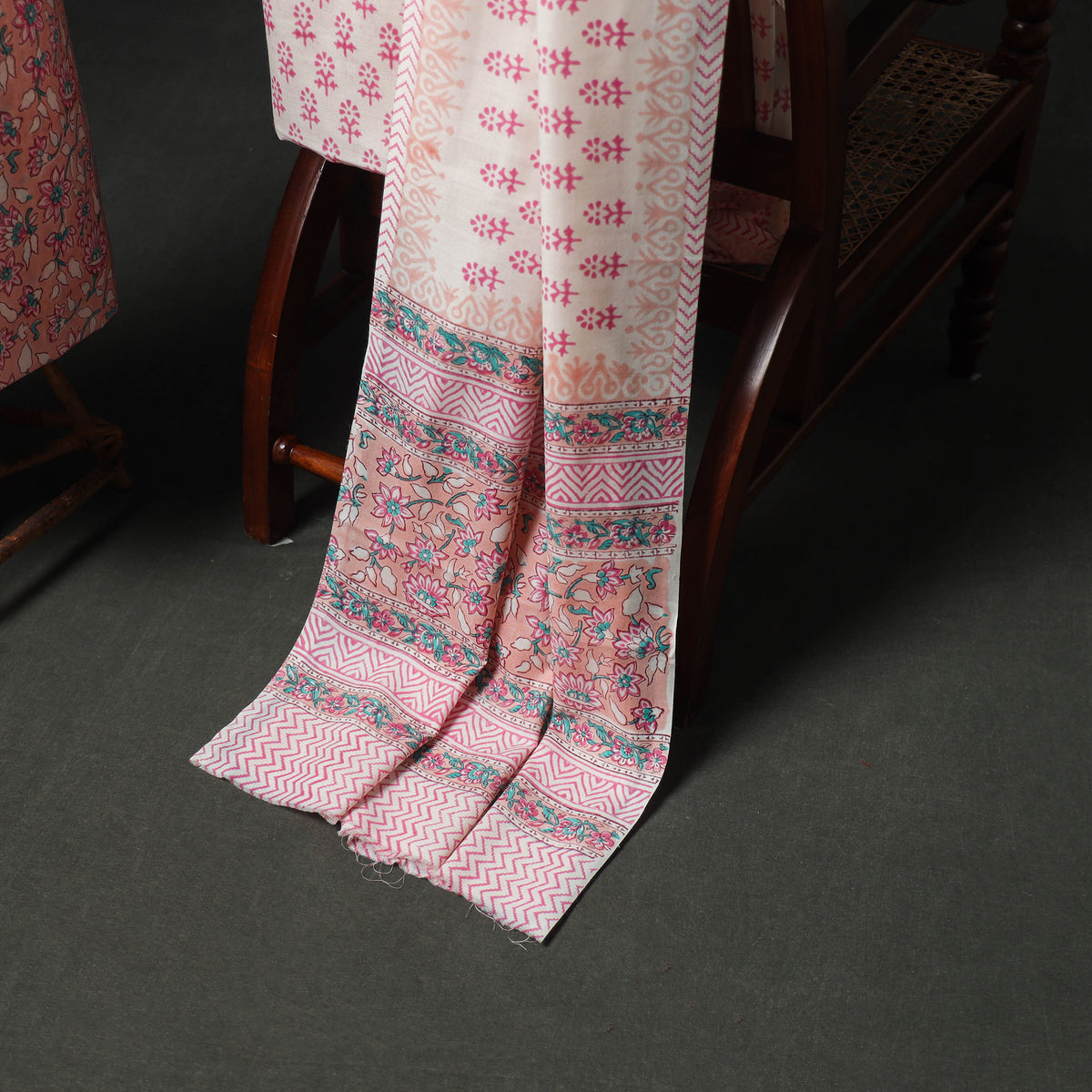Floral Hand Block Sanganeri Print Woolen Unstitched Dress Material: Kurta, Bottom with Dupatta 10