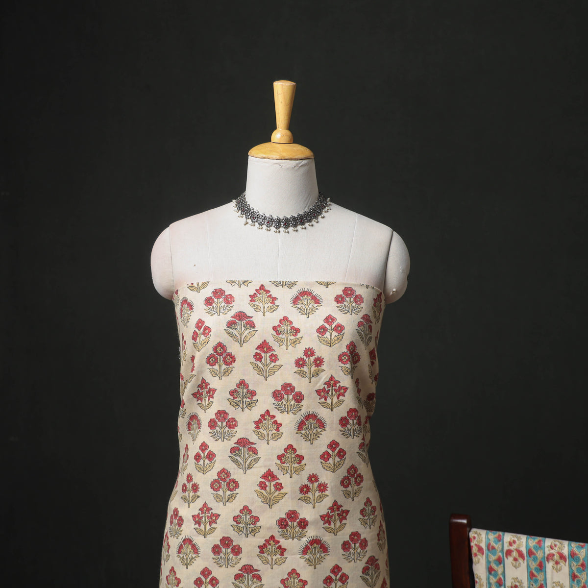 Floral Hand Block Sanganeri Print Woolen Unstitched Dress Material: Kurta, Bottom with Dupatta 11