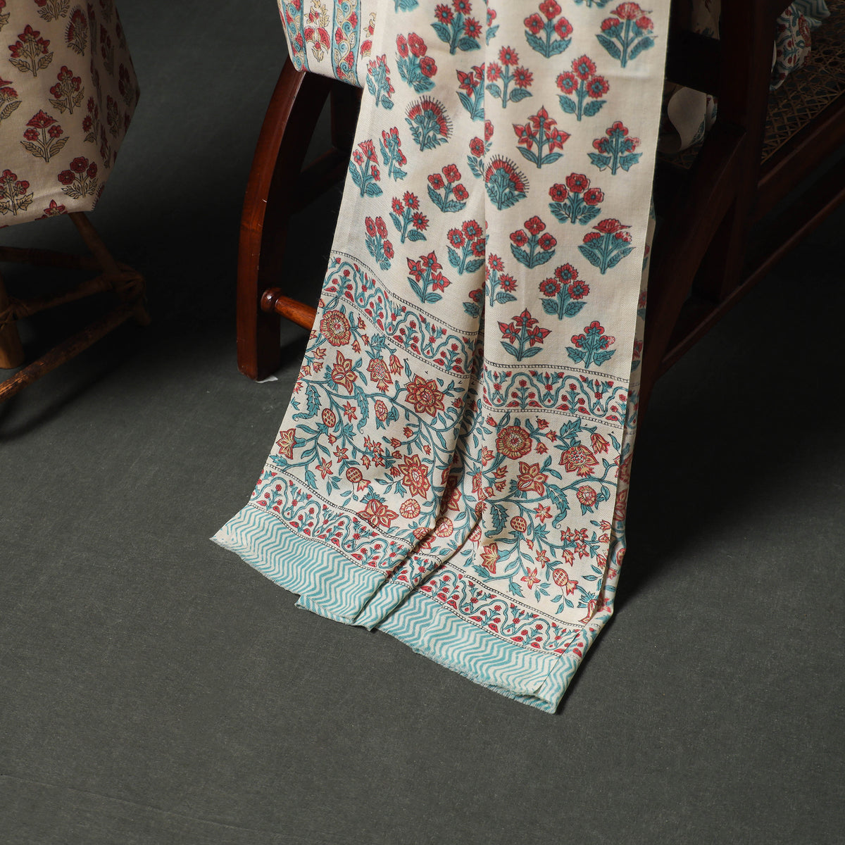 Floral Hand Block Sanganeri Print Woolen Unstitched Dress Material: Kurta, Bottom with Dupatta 11
