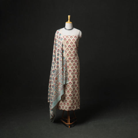 Floral Hand Block Sanganeri Print Woolen Unstitched Dress Material: Kurta, Bottom with Dupatta 11