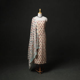 Floral Hand Block Sanganeri Print Woolen Unstitched Dress Material: Kurta, Bottom with Dupatta 11