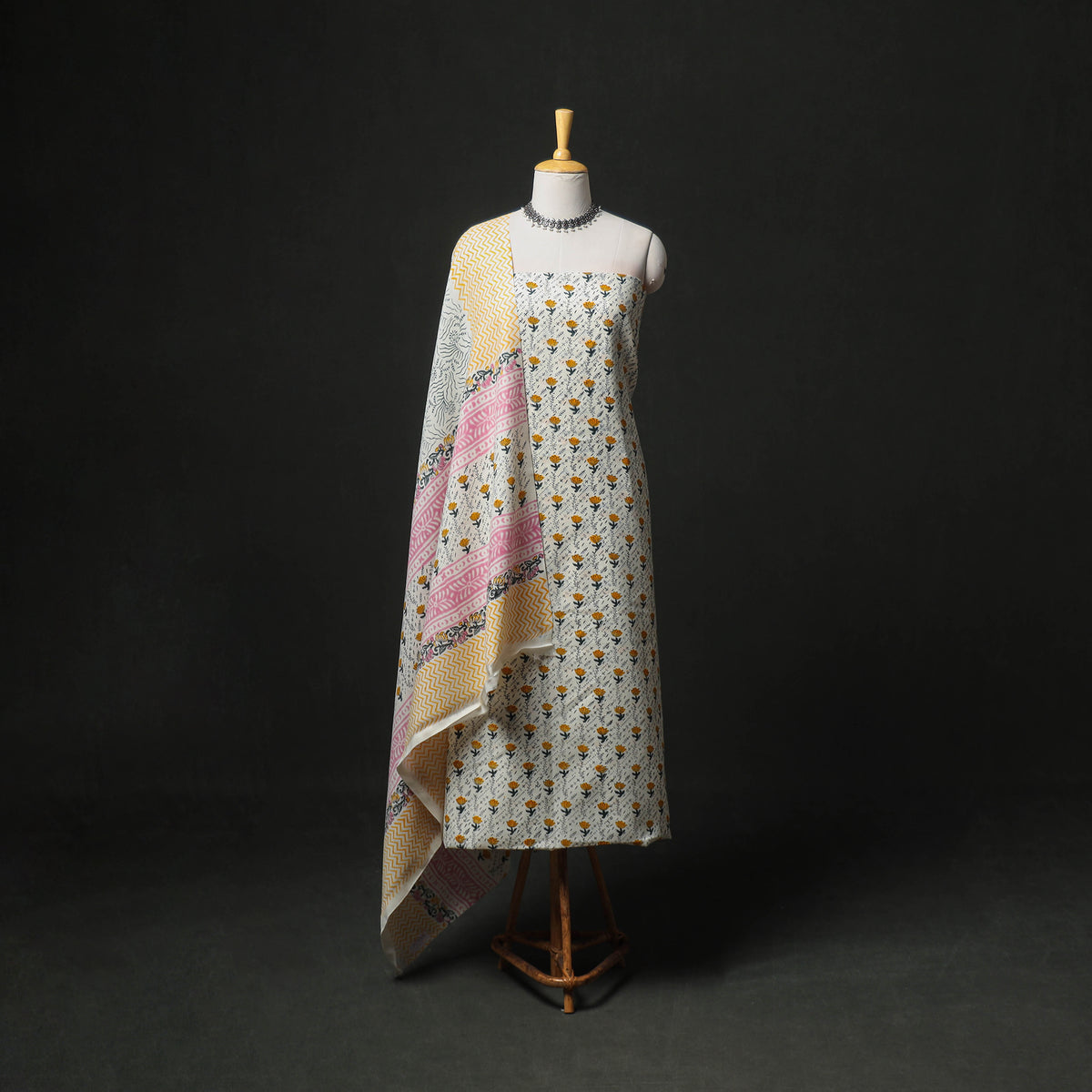 Floral Hand Block Sanganeri Print Woolen Unstitched Dress Material: Kurta, Bottom with Dupatta 12