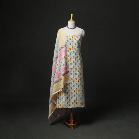 Floral Hand Block Sanganeri Print Woolen Unstitched Dress Material: Kurta, Bottom with Dupatta 12