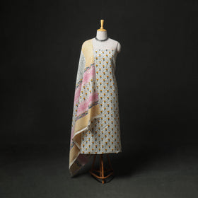 Floral Hand Block Sanganeri Print Woolen Unstitched Dress Material: Kurta, Bottom with Dupatta 12