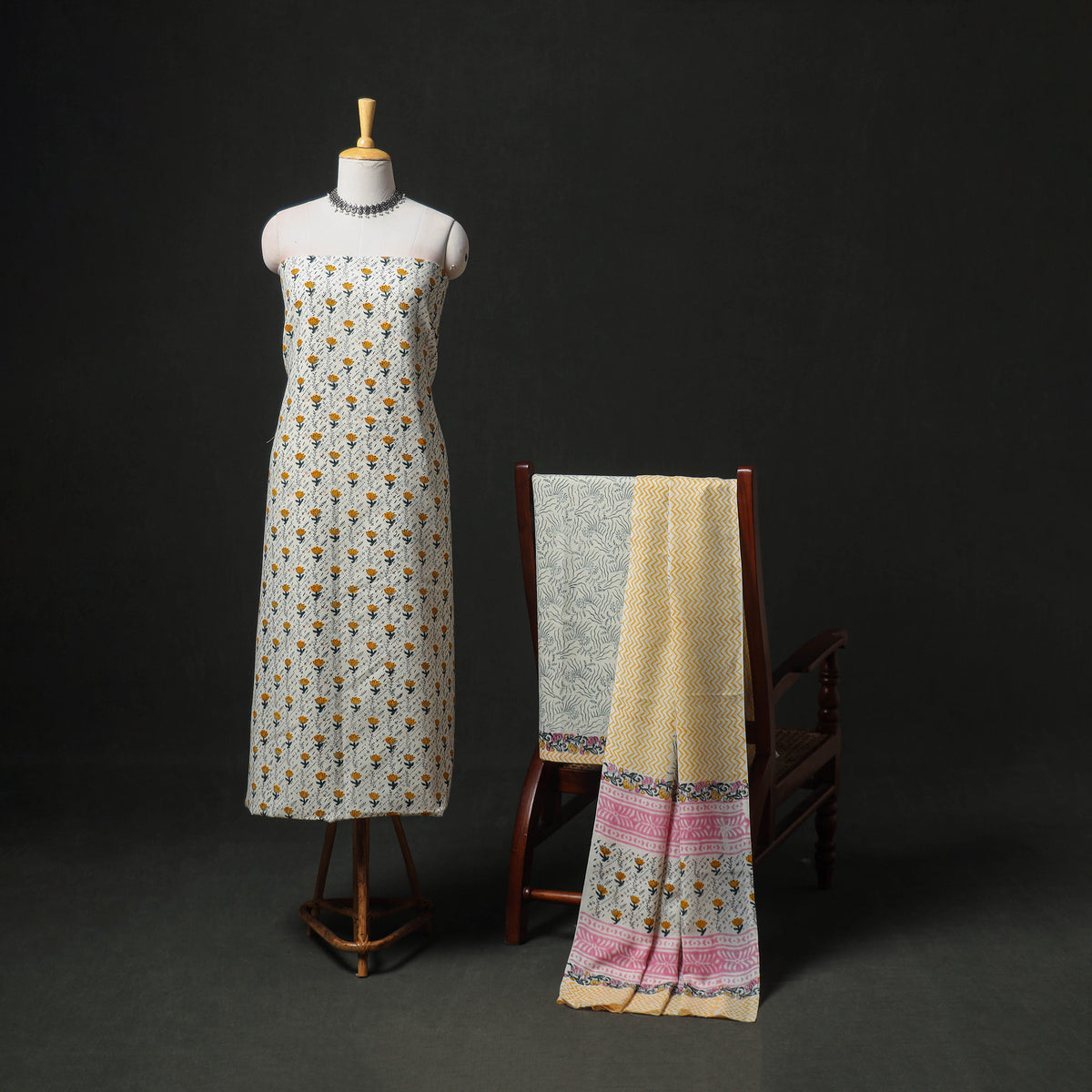 Floral Hand Block Sanganeri Print Woolen Unstitched Dress Material: Kurta, Bottom with Dupatta 12