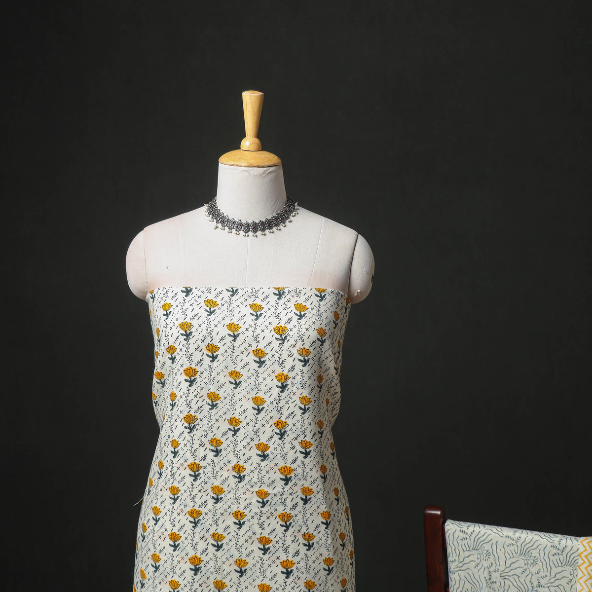 Floral Hand Block Sanganeri Print Woolen Unstitched Dress Material: Kurta, Bottom with Dupatta 12